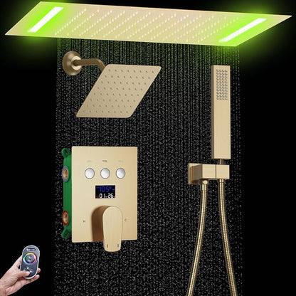 Dual Rain Shower Head System Ceiling Mount 14x20inch LED Shower Head and 8 Inch Side Shower Head with Handheld, Rainfall Shower Faucet Set(Brushed Gold)