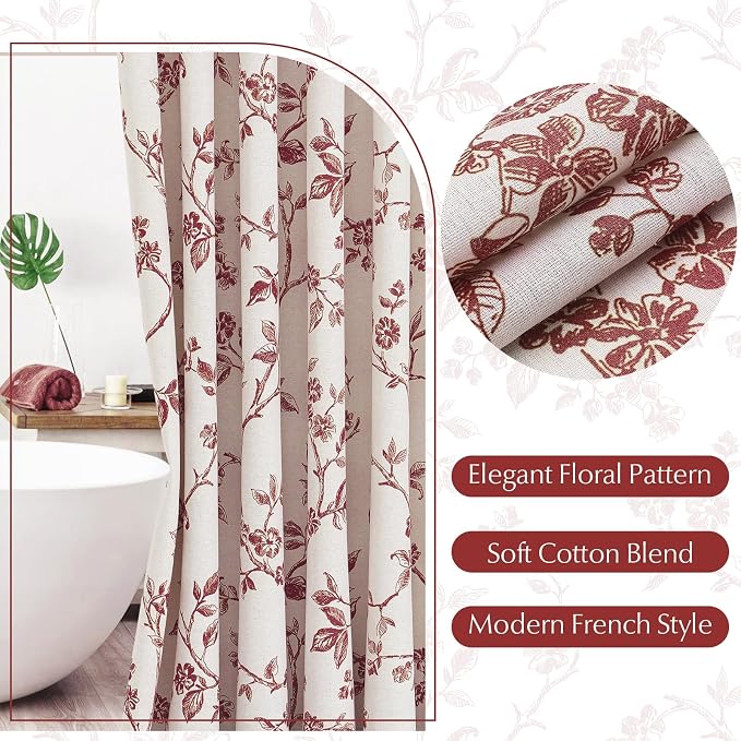 MitoVilla Burgundy Boho Shower Curtain Set, Cotton Floral Cottagecore Spring Shower Curtains for Bathroom, Modern Farmhouse Country Plant Leaves Bathroom Décor, 72" W x 72" L