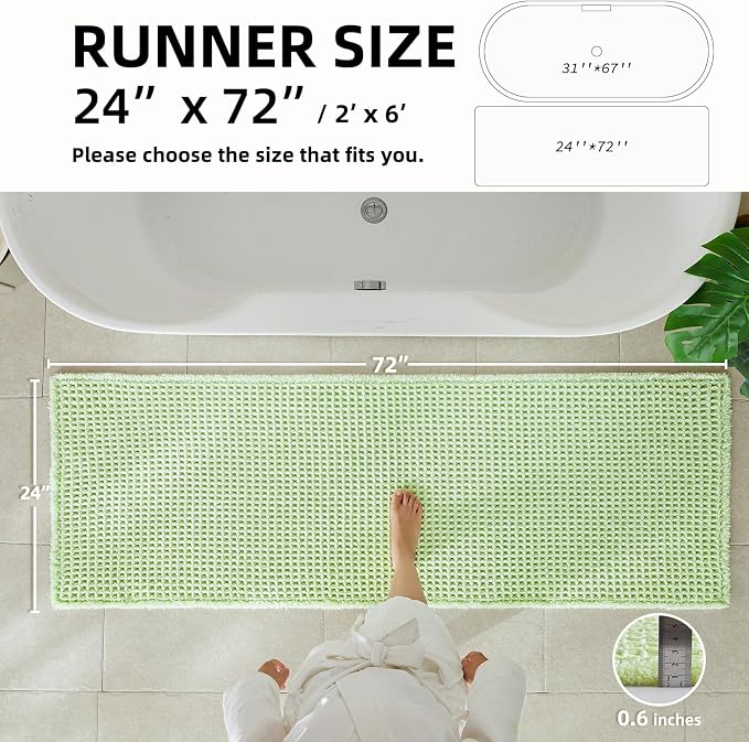 TYUU Waffle Runner Rug Bathroom, Long Boho Bath Mat, 72x24 Pale Green | Super Absorbent Quick Dry Bath Rug, Non-Slip Backing, Soft Waffle Washable Farmhouse Bathroom Mats, Tub, Shower & Home Decor