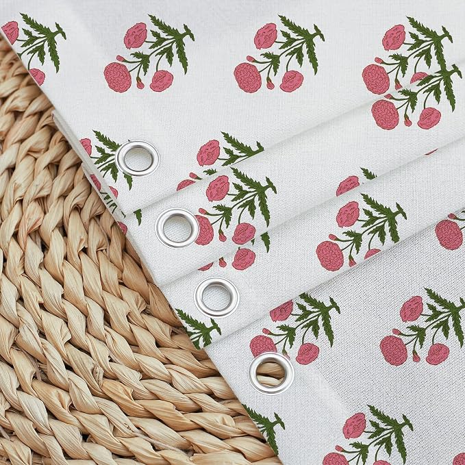MUGINYU Pink Floral Shower Curtain-72x72 Inches,Cotton Blend Cloth Fabric,Girly Cute Coquette Style with Green Block Print for French Country Bathroom Decor