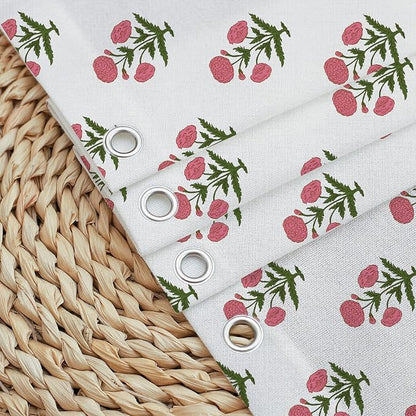 MUGINYU Pink Floral Shower Curtain-72x72 Inches,Cotton Blend Cloth Fabric,Girly Cute Coquette Style with Green Block Print for French Country Bathroom Decor