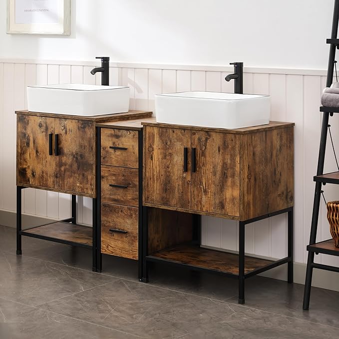 UEV Rustic Brown 60" Double Bathroom Vanity with Sink Combo,Industrial Iron Frame 2 Main Bathroom Vanity with Middle 3 Drawers Cabinet,Modern Artistic Ceramic Vessel Sink(031WH)