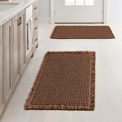 MIULEE Set of 2 Waffle Bathroom Rugs Boho Bath Mat Mocha 17x24 Inch | Non Slip, Super Absorbent, Washable, Ultra Soft, Rubber Backed, Small Bath Rugs for Bathroom Floor Tub Shower