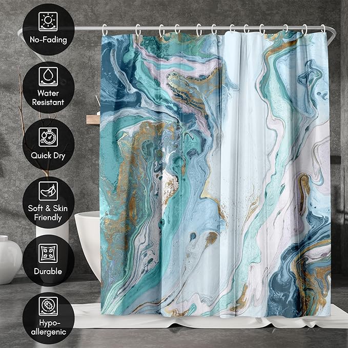 Americanflat 71x74 Marble Shower Curtain - Water-Resistant Long Shower Curtain with Durable Metal Grommets and 12 Hooks - 100% Polyester - Turquoise, Light Blue, Navy Blue, White and Gold