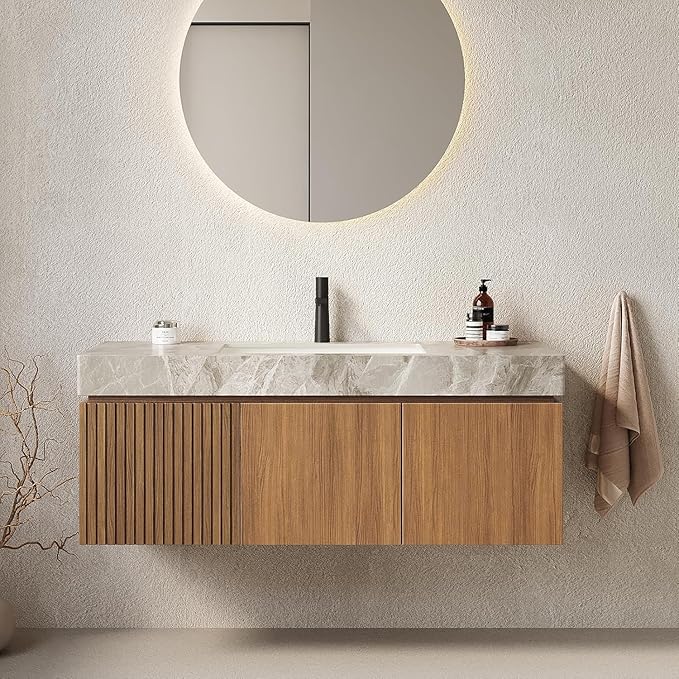 LKTART Floating 48 Inch Bathroom Vanity with Sink, Modern Plywood Wall Mounted Bathroom Storage Cabinet with 2 Doors and 1 Drawer, Light Gray Sintered Stone Countertop and Ceramic Basins