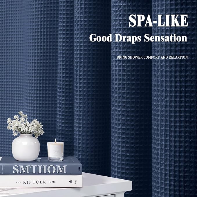 Waffle Weave Shower Curtain Heavyweight Cotton Fabric Navy Blue 72Wx72L | Soft Cotton Cloth,3D Square Truely Waffle Washable, Hotel Luxury Spa, Shower Curtain Set for Bathroom 12 Plastic Hooks