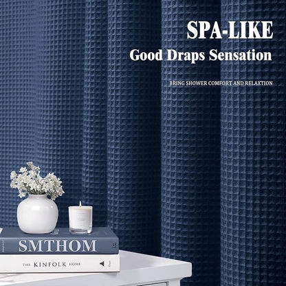 Waffle Weave Shower Curtain Heavyweight Cotton Fabric Navy Blue 72Wx72L | Soft Cotton Cloth,3D Square Truely Waffle Washable, Hotel Luxury Spa, Shower Curtain Set for Bathroom 12 Plastic Hooks