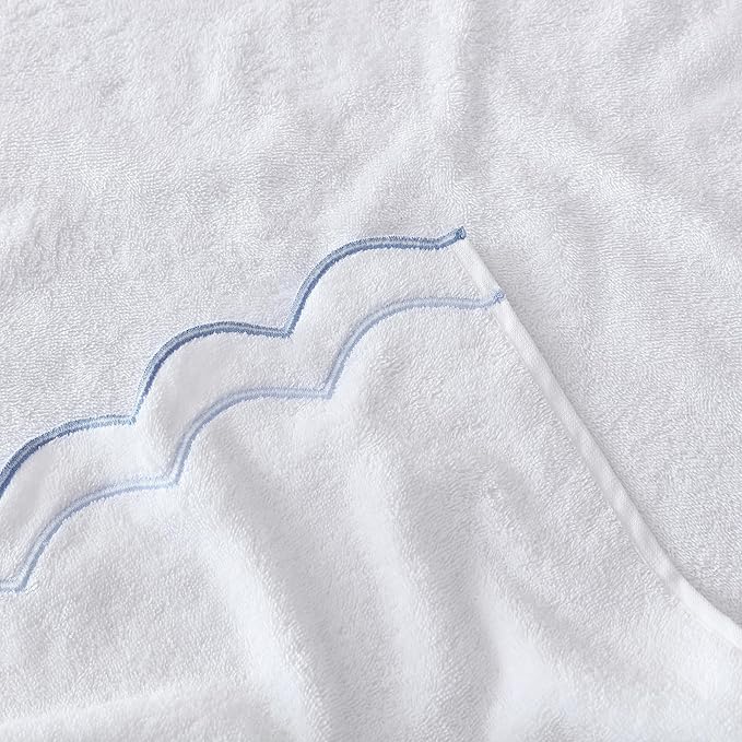 Peri Home 100% Cotton Hand Towel for Bathroom, Embroidered, Soft & Absorbent, 500 GSM, 1 Piece, 16" x 27", White with Blue Scallop | Bathroom, Embroidered, Soft & Absorbent
