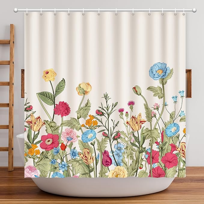 Vintage Floral Shower Curtain, Retro Wildflowers Shower Curtain 72x72 | Botanical Chic Flowers Shower Curtain for Bathroom with 12 Hooks, Waterproof Farmhouse Home Rustic Bathroom Decor