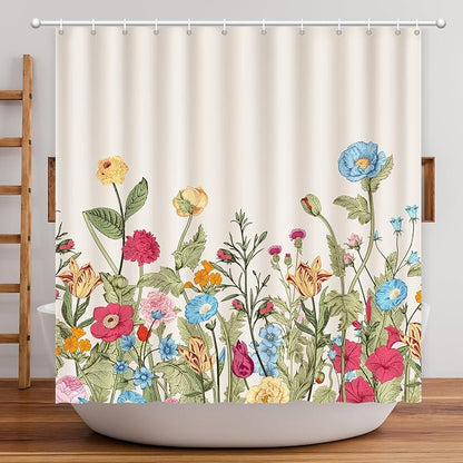 Vintage Floral Shower Curtain, Retro Wildflowers Shower Curtain 72x72 | Botanical Chic Flowers Shower Curtain for Bathroom with 12 Hooks, Waterproof Farmhouse Home Rustic Bathroom Decor