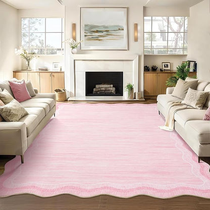 Garvee Pink Scalloped 10x13 Area Rugs for Girls Room Large Washable Rugs | Neutral Solid Rug Stain Resistant Non Slip Floor Mat Carpet Indoor Accent Rug for Bedroom Dining Room Playroom Home Decor