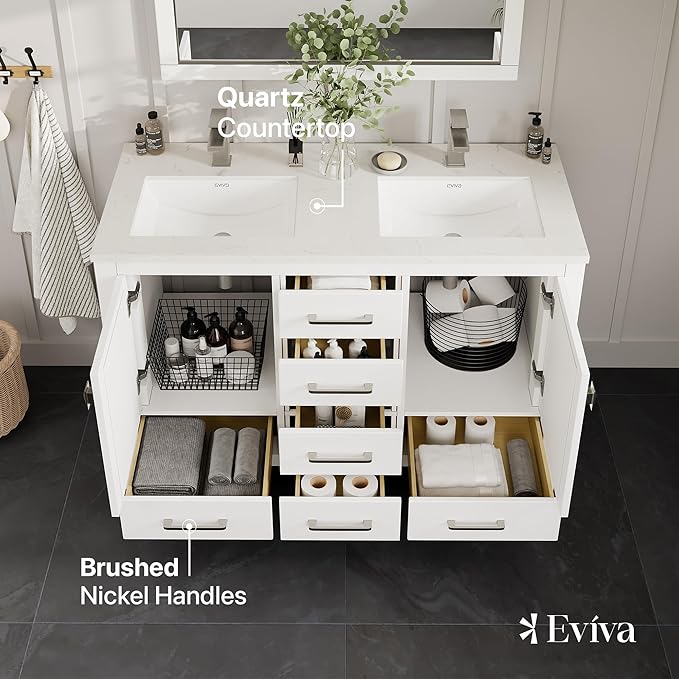 Eviva London 54 in. White Double Sink Bath Vanity with Carrara Quartz Top and Undermount Porcelain Sinks