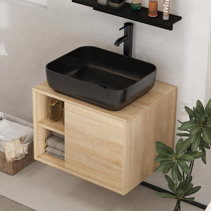YOURLITE Bathroom Vanity, Wall-Mounted, 24" Floating Bathroom Cabinet with Mirror, Shelves & Faucet, Black Ceramic Vessel Sink