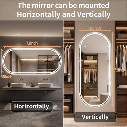 Oval LED Bathroom Mirror, 30"x 71" Led Full Length Mirror | Frameless Large LED Mirror with Front Light & Backlit, Anti-Fog, Dimmable Wall Mounted Lighted Mirror, Smart Bathroom Mirror