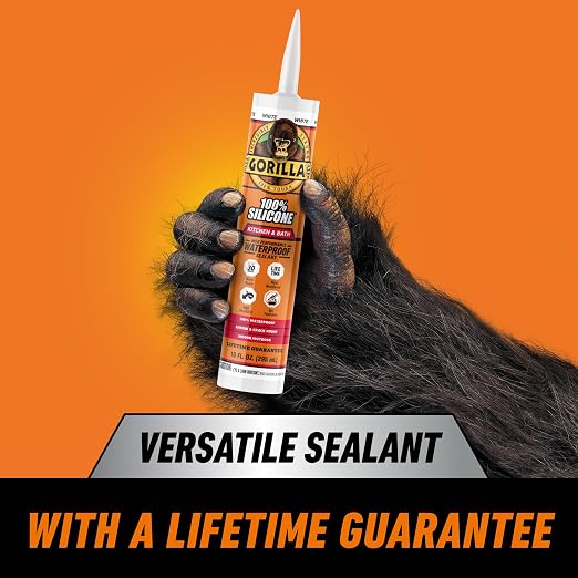Gorilla 100% Silicone Caulk, Kitchen & Bath Sealant, White, 10 oz Cartridge | Mold & Mildew Resistant, 100% Waterproof Seal, 30-Minute Water-Ready, Flexible and Durable
