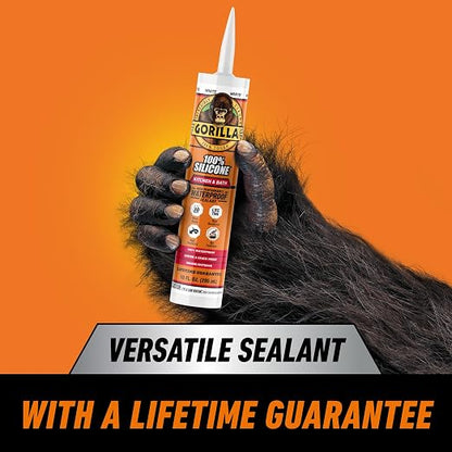 Gorilla 100% Silicone Caulk, Kitchen & Bath Sealant, White, 10 oz Cartridge | Mold & Mildew Resistant, 100% Waterproof Seal, 30-Minute Water-Ready, Flexible and Durable