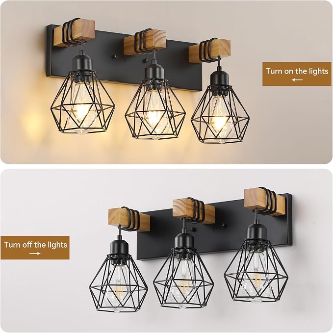 VbiTmn Bathroom Light Fixtures,3 Light Black Farmhouse Wood Vanity Lights | Rustic Design, Diamond Metal Shades, Easy to Install, Wall Sconces for Bathroom, Bedroom, Makeup Area, Over Vanity Mirror