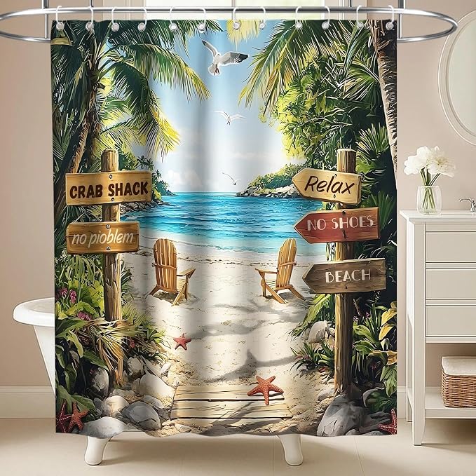 Funny Beach Rustic Shower Curtain, Ocean Coastal Tropical Palm Tree Inspirational Shower Curtains for Bathroom, Waterproof Bath Curtain with Hooks Machine Washable Bathtub Curtains 72x72 Inch Green