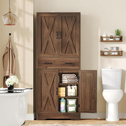 Tall Storage Cabinet with 2 Adjustable Shelves & 1 Large Drawer, Kitchen Pantry Cabinet with 4 Doors, Bathroom Storage Cabinets, for Living Room, Kitchen, Bathroom, Walnut