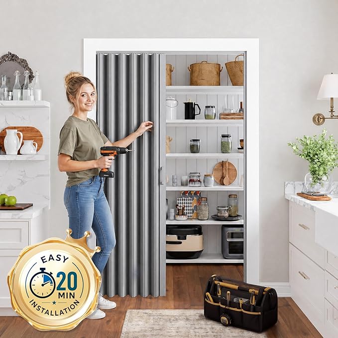 SmartStandard 36" x 80" Accordion Doors Interior, Double Walled, Grey | Easy to Assemble, Save Space, PVC Accordion Folding Doors for Closet Doorway Basement, with Track and Hardware