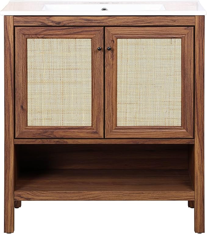 JONATHAN Y VAN1024B Jasper 30 in. W x 18 in. D x 33 in. H Rattan Modern Coastal 2-Shelf Bathroom Vanity Cabinet Only with Soft Closing Doors (Sink Basin Not Included), Walnut