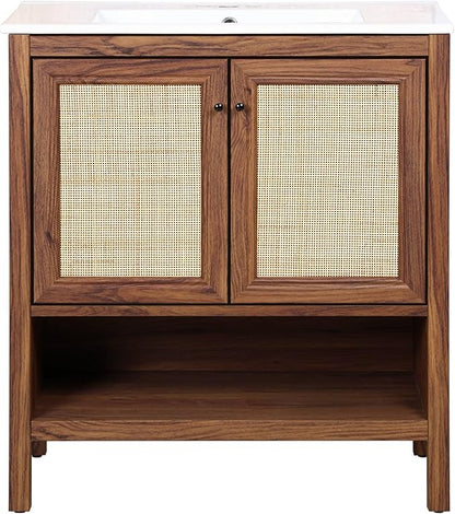 JONATHAN Y VAN1024B Jasper 30 in. W x 18 in. D x 33 in. H Rattan Modern Coastal 2-Shelf Bathroom Vanity Cabinet Only with Soft Closing Doors (Sink Basin Not Included), Walnut