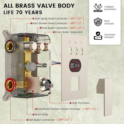 Longriver 3-Push Button Shower Faucet Set Hydro Power Temperature Display | Shower System Wall Mounted 10" & 6" Shower Head with 3-Spary Handheld, Shower Fixtures with Valve and Trim Kit-Brushed Nickel