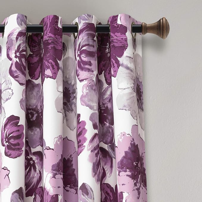 Lush Decor Leah Light Filtering Window Curtain Panels, Pair, 52" W x 95" L, Purple & Gray - Floral Drapes for Bedroom - Purple Curtains -Farmhouse Decor
