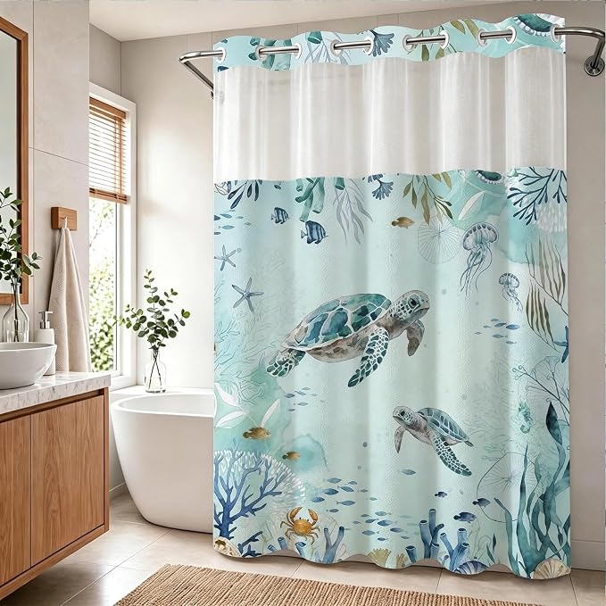 Modern Ocean Cute No Hook Shower Curtain Sea Turtle Luxury Nautical Coral | Animal No Hook Shower Curtain with Snap in Liner, Waterproof Ringless Shower Curtains for Bathroom 72x74 Inch Blue