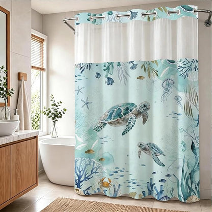 Modern Ocean Cute No Hook Shower Curtain Sea Turtle Luxury Nautical Coral | Animal No Hook Shower Curtain with Snap in Liner, Waterproof Ringless Shower Curtains for Bathroom 72x74 Inch Blue