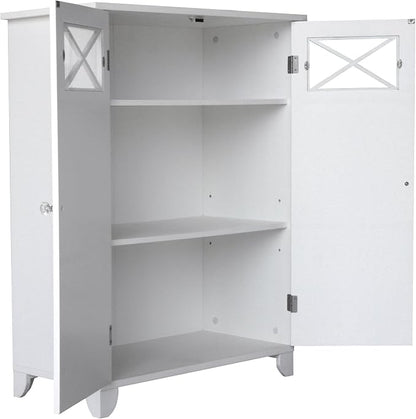 Teamson Home Dawson Wooden Freestanding Floor Cabinet with 1 Fixed 1 Adjustable Shelves 3 Storage Spaces 2 Glass Paneled Doors and 2 Clear Knobs, White