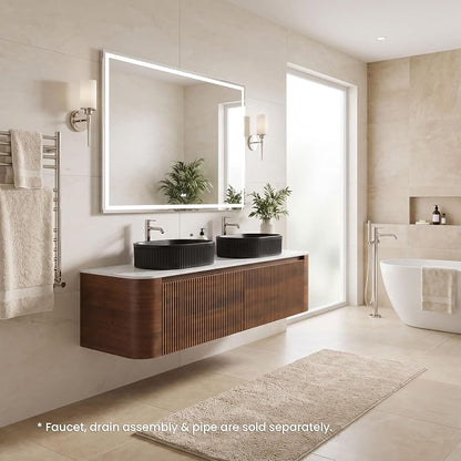 60" Preassembled Double Floating Bathroom Vanity with Black Sink, Walnut | Mid-Century Modern Style, Fluted & Soft-Close Drawer with U-shaped Wall, Sinterted Stone Countertop, Towel Rack Included
