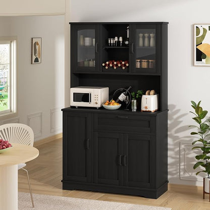 Shintenchi 68" Kitchen Pantry Storage Cabinet, with Microwave Stand, Black | Freestanding Buffet Cabinet, with 3 Door Shelves, Kitchen Hutch with Doors, Adjustable Shelves and Wine Rack