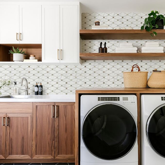 STICKGOO 10 Sheets Peel and Stick Backsplash, Dolomite White | PVC Mixed Metal Gold Kitchen Backsplash, Waterproof, Self Adhesive Tiles for Fireplace, Bathroom, RV