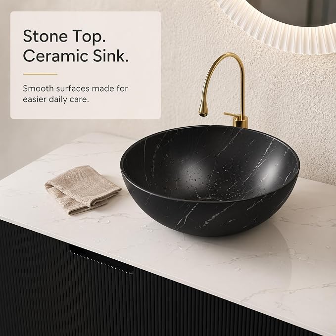 60 Inch Double Sink Bathroom Vanity, Floating Wall Mounted Cabinet, Black Curved Fluted Front, Stone Top, Dual Black Marble Vessel Basins, Pre-Assembled