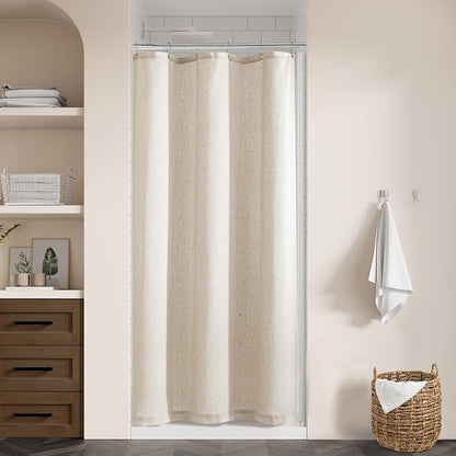 Beige Linen Shower Curtain for Bathroom Water Repellent 36x72 Inch | Small Stall Narrow Size Half, Shower Curtains, Tan Earthy Tone, Boho Farmhouse Rustic, RV Drapes, with Hooks, 36 x 72 Inches