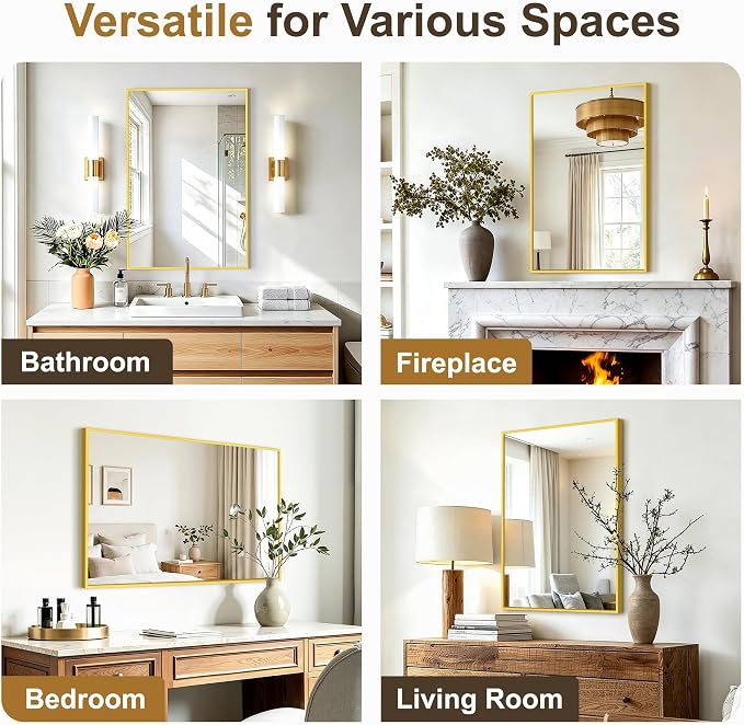 Rectangular Bathroom Mirror, 30"x20" Gold Metal Framed Vanity Mirror | HD Shatterproof Wall Mirror, Horizontal or Vertical Hanging, Easy Installation for Bathroom, Bedroom, Living Room, Entryway