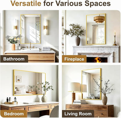 Rectangular Bathroom Mirror, 30"x20" Gold Metal Framed Vanity Mirror | HD Shatterproof Wall Mirror, Horizontal or Vertical Hanging, Easy Installation for Bathroom, Bedroom, Living Room, Entryway