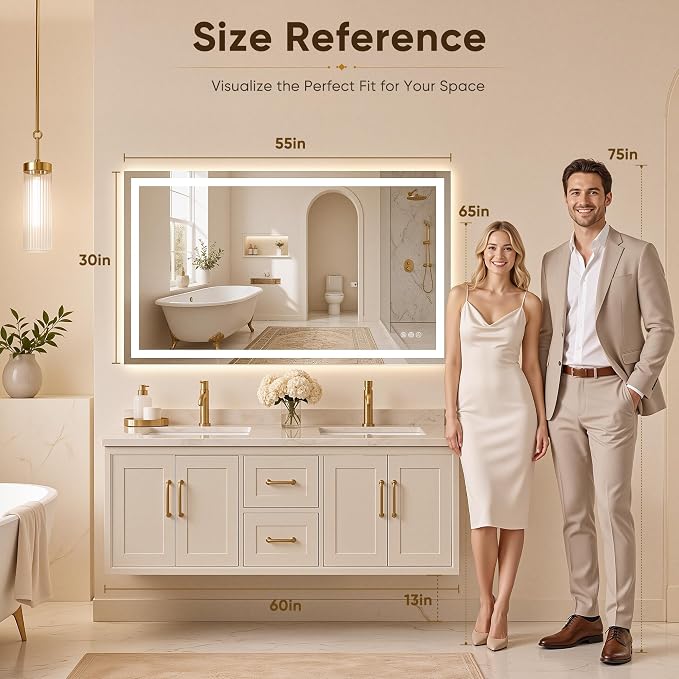 Antok 55x30 LED Bathroom Mirror with Lights, Backlit + Front Lit Vanity Mirror with CRI>90, Dimmable Anti-Fog Smart Mirror with Memory Function, 3 Color Temperatures, Shatterproof Tempered Glass, ETL
