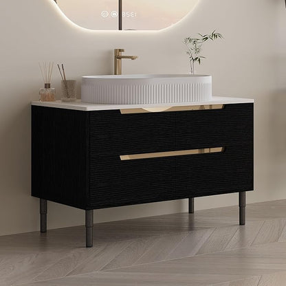 36 inch Bathroom Vanity with Sink and Countertop, Modern Freestanding Bathroom Vanity Cabinet with Oval Ceramic Vessel Sink, 4 Soft Closing Drawers, Adjustable Metal Legs, 2-in-1 Installation, Black