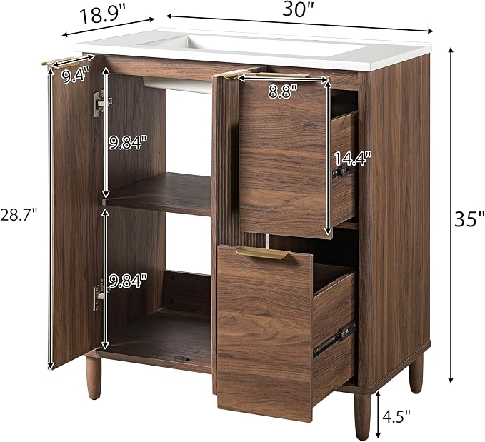 30 Inch Mid-Century Bathroom Vanity with SMC Sink (Walnut Style3, 30") | Dual Drawers & Fluted Soft-Closing Doors, Walnut Vanity Cabinet with Adjustable Shelf, Gold L-Shaped Handles, Solid Wood Legs