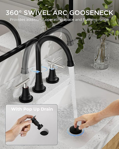 FORIOUS 8Inch Widespread Brushed Nickel and Black Bathroom Faucet 3 Holes | FORIOUS Black and Brushed Nickel Bathroom Sink Faucet 3 Hole, 2 Handle Spread Sink Faucet Bathroom 3 Hole, Bath Renovation
