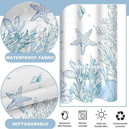 No Hook Shower Curtain and Liner Set for Bathroom, Blue Beach Coastal 71x74 | Nautical Ocean Design, with Snap in Liner Replacement, Mesh Top Window, Waterproof, Machine Washable, Quick-Drying