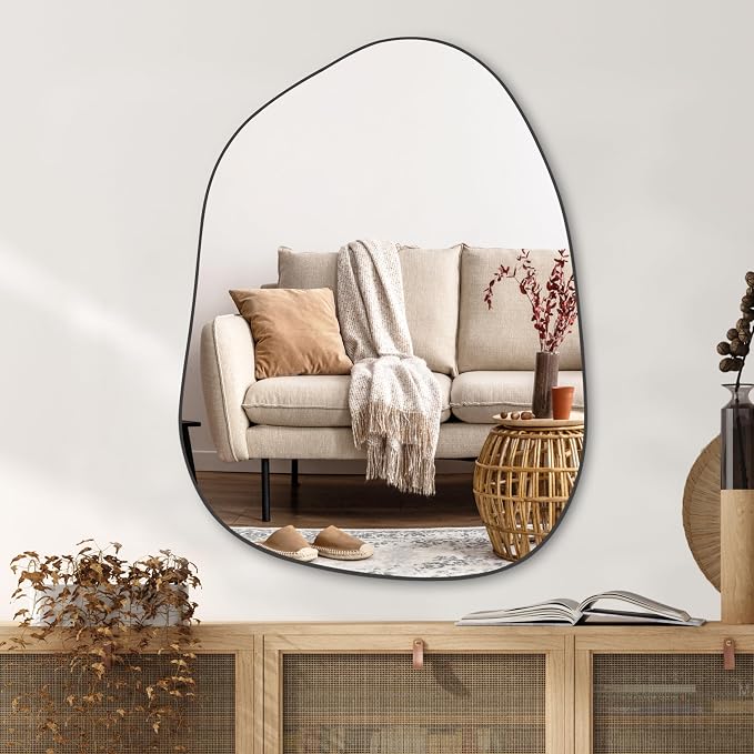 PERFNIQUE Irregular Asymmetrical Wall Mirror, 32"x24" Black Bathroom Mirror | Decorative modern unique mirror. HD glass mirror for bedroom, living room, entryway, mantel and vanity decor