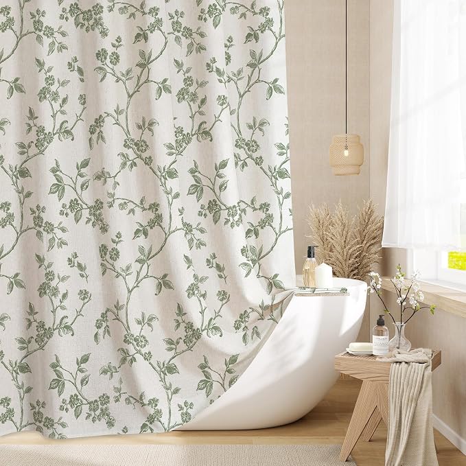 MitoVilla Long Linen Floral Shower Curtain for Bathroom,72 x 78 | Long Cottagecore Spring Shower Curtains for Bathroom, Modern Farmhouse Country Plant Leaves Bathroom Décor, 72 x 78