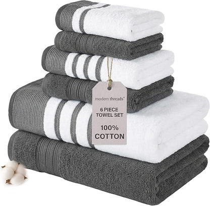 Modern Threads 6-Piece Towel Set – 100% Cotton, Quick Dry, Ultra Absorbent – Includes 2 Bath, 2 Hand, 2 Washcloths (White/Reinhart Charcoal)