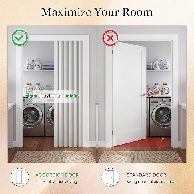 SmartStandard 64x80in Double Accordion Doors Interior, Double Walled, White | Easy to Assemble, Save Space, PVC Accordion Folding Doors for Closet Doorway Basement, with Track and Hardware