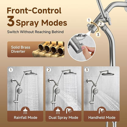 BRIGHT SHOWERS Rain Shower System with Handheld, High Pressure Dual Shower Head Combo, Power Wash, 9 Spray Modes, Adjustable Slide Bar & Extension Arm, 3-Way Diverter, 69" Long Hose, Brushed Nickel