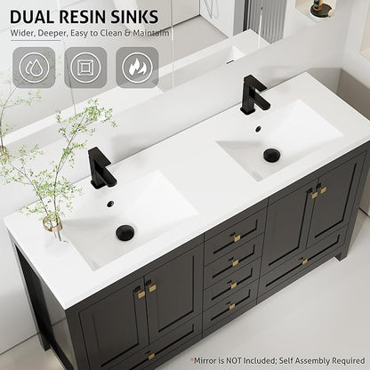 eclife 60" Bathroom Vanities with Sink Combo, Modern Thickened Wood Bathroom Storage Cabinet w/Undermount Double Sink, Matte Black Faucet Drain, Painted Surface, Black