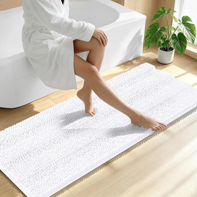 Smiry Thick Chenille Bathroom Runner Rugs 47x20, Absorbent Bath Mat, White | Quick‑Dry & Machine Washable, Non‑Slip Bath Carpet, Soft Striped Bath Rugs for Tub & Shower, Modern Home Decor Accessories